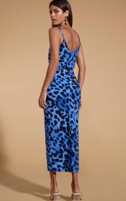 Sienna Midaxi Slip Dress In Bright Blue Leopard