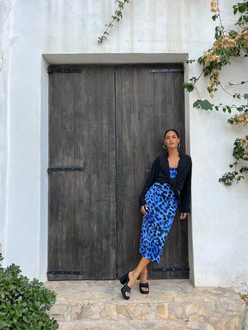 Sienna Midaxi Slip Dress In Bright Blue Leopard