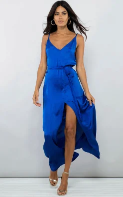 Split Leg Maxi Slip Dress In Cobalt Blue