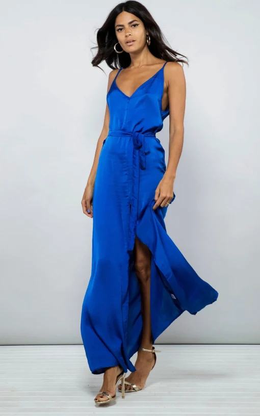 Split Leg Maxi Slip Dress In Cobalt Blue