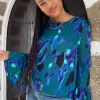 Suvi Flare Sleeve Top In Camo Abstract Blue On Green- Extended Sizing