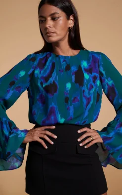 Suvi Flare Sleeve Top In Camo Abstract Blue On Green