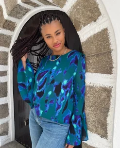 Suvi Flare Sleeve Top In Camo Abstract Blue On Green- Extended Sizing