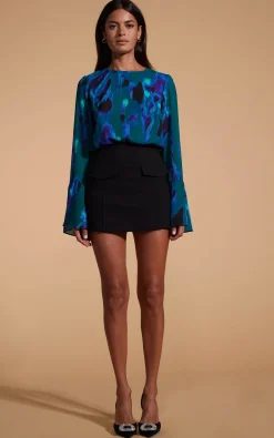 Suvi Flare Sleeve Top In Camo Abstract Blue On Green