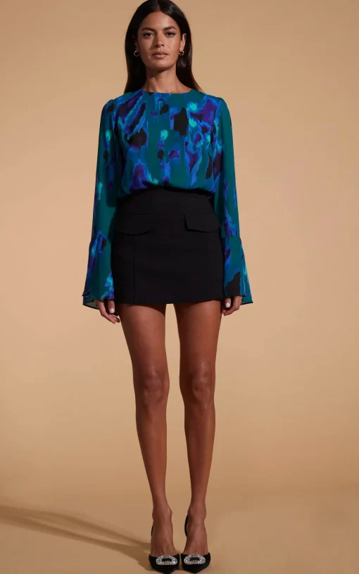 Suvi Flare Sleeve Top In Camo Abstract Blue On Green