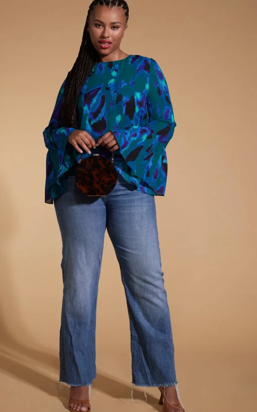 Suvi Flare Sleeve Top In Camo Abstract Blue On Green- Extended Sizing