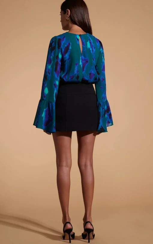Suvi Flare Sleeve Top In Camo Abstract Blue On Green