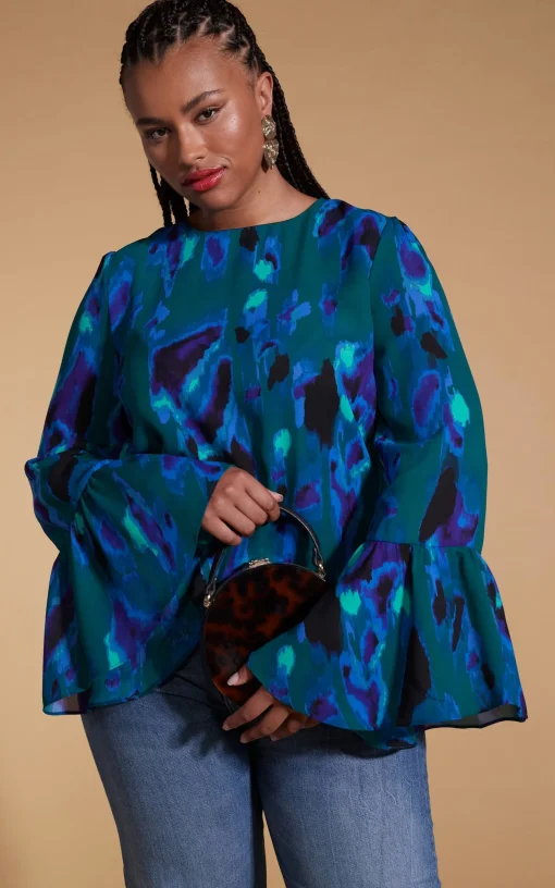 Suvi Flare Sleeve Top In Camo Abstract Blue On Green- Extended Sizing