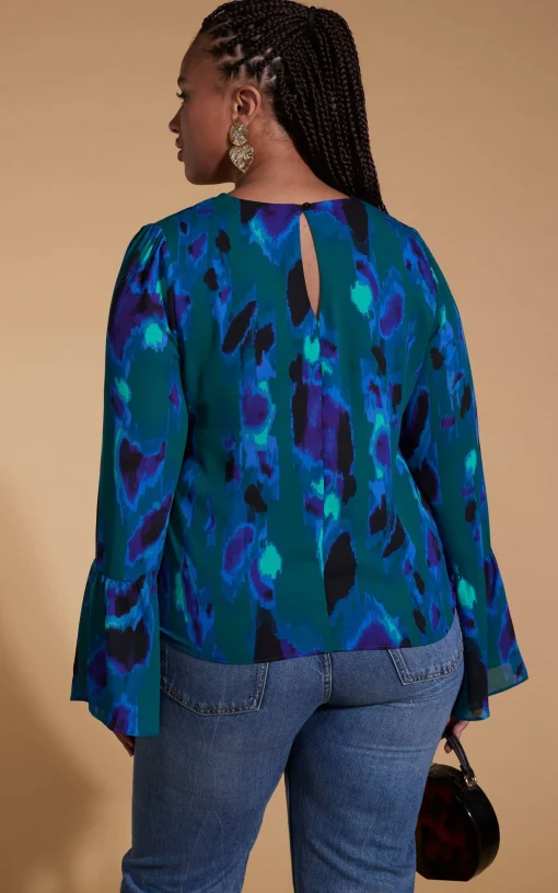Suvi Flare Sleeve Top In Camo Abstract Blue On Green- Extended Sizing