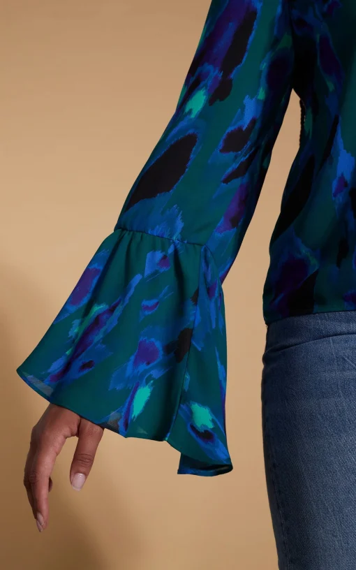 Suvi Flare Sleeve Top In Camo Abstract Blue On Green- Extended Sizing