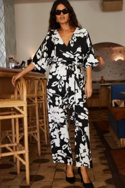 Winona Kimono Jumpsuit In White On Black Floral