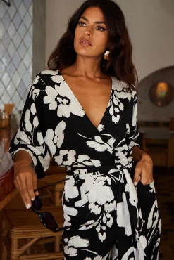 Winona Kimono Jumpsuit In White On Black Floral