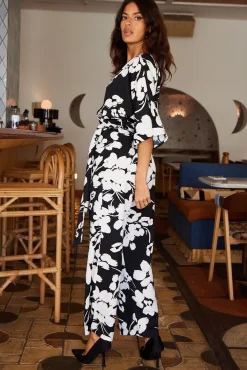 Winona Kimono Jumpsuit In White On Black Floral