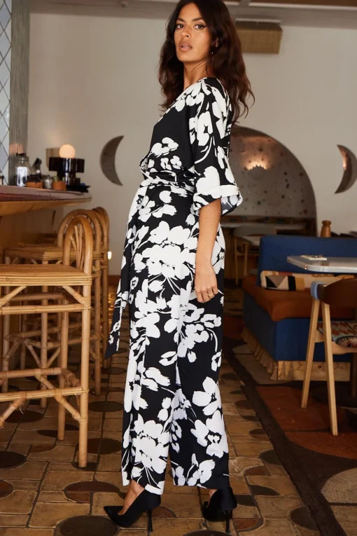 Winona Kimono Jumpsuit In White On Black Floral