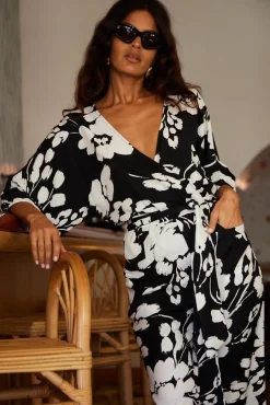 Winona Kimono Jumpsuit In White On Black Floral