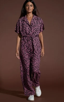 Zeta Jumpsuit In Pink On Black Leopard