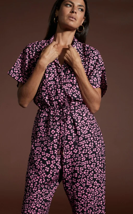 Zeta Jumpsuit In Pink On Black Leopard