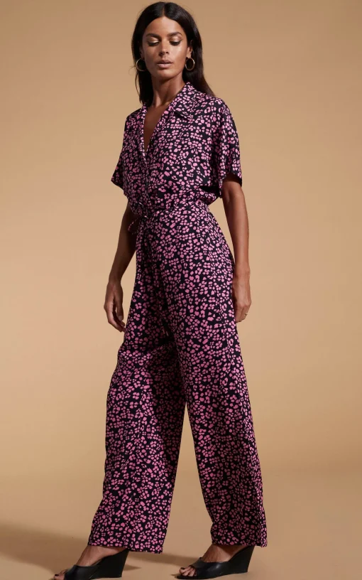 Zeta Jumpsuit In Pink On Black Leopard