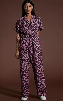 Zeta Jumpsuit In Pink On Black Leopard