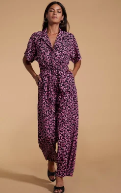 Zeta Jumpsuit In Pink On Black Leopard