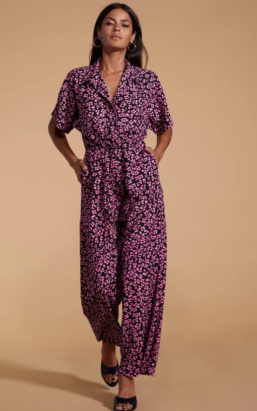 Zeta Jumpsuit In Pink On Black Leopard