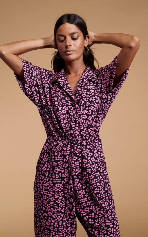 Zeta Jumpsuit In Pink On Black Leopard