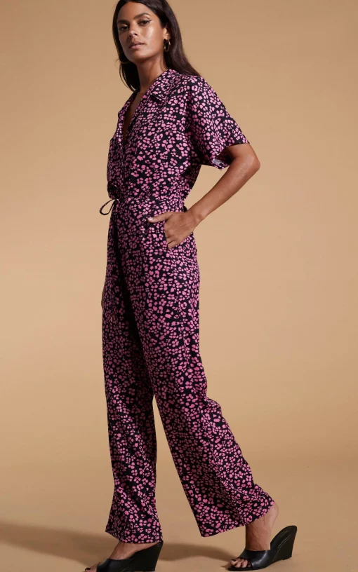 Zeta Jumpsuit In Pink On Black Leopard