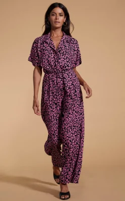 Zeta Jumpsuit In Pink On Black Leopard